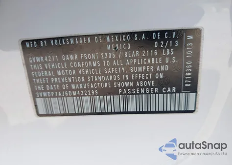 2013 Volkswagen Jetta 2.5L Se from USA, damaged, VIN 3VWDP7AJ6DM422299